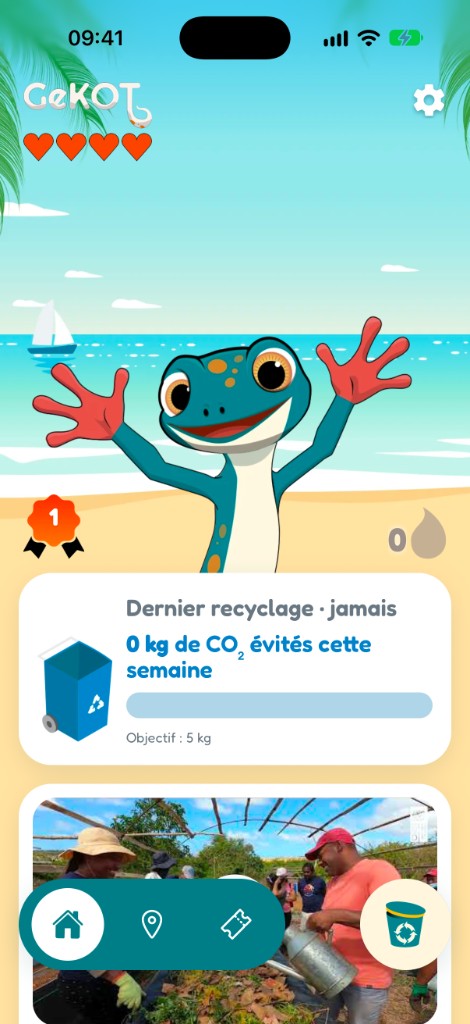 Accueil de l'app avec la mascotte Gekot