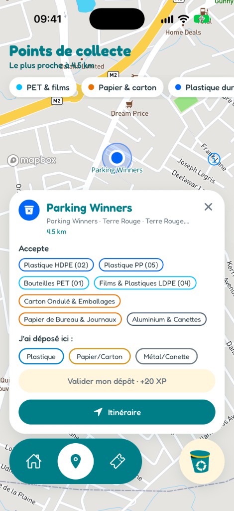 Fiche d'un point de collecte avec validation du dépôt