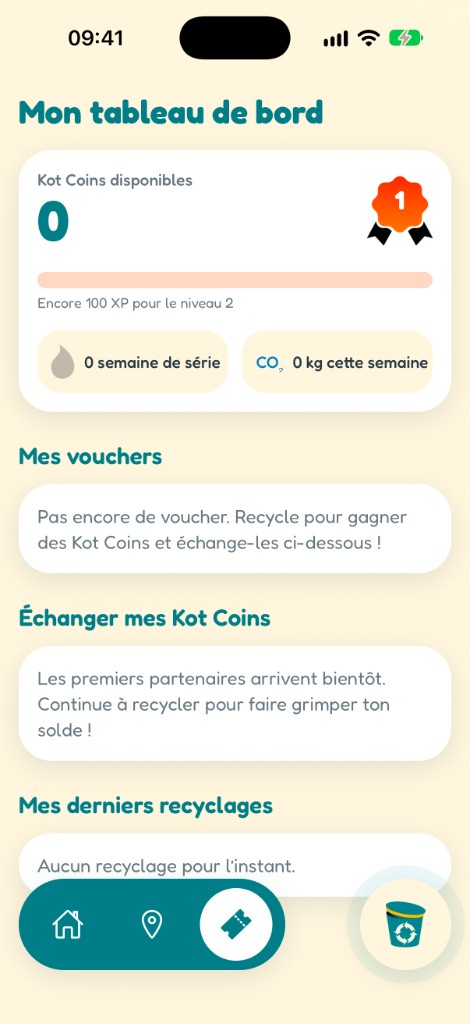 Tableau de bord avec Kot Coins et vouchers