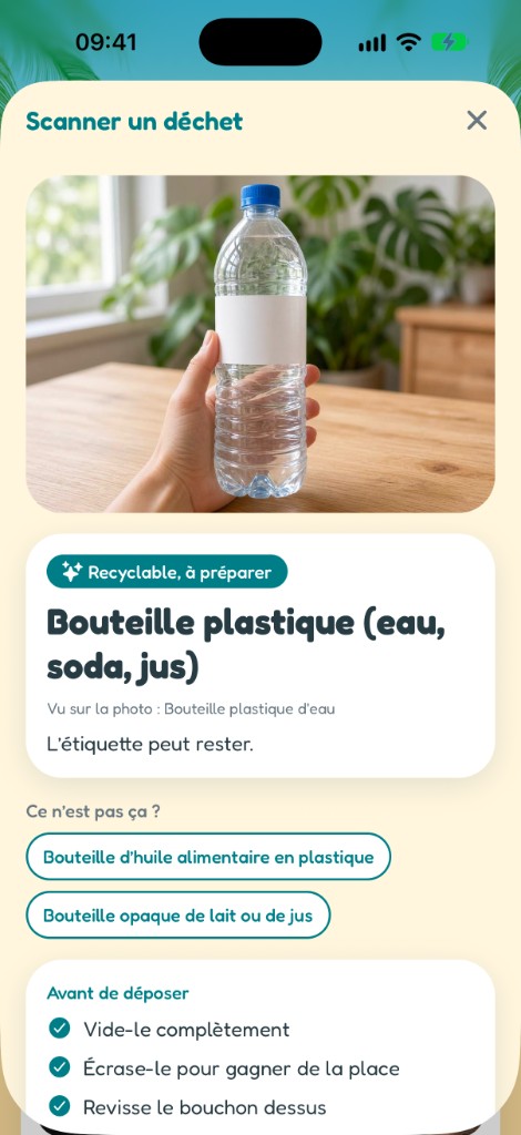 Écran de résultat du scan d'une bouteille plastique